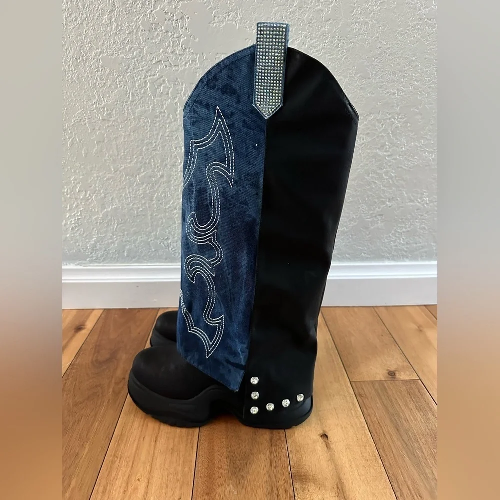 CAPE ROBBIN SUNGSU WESTERN DENIM/RHINESTONE PLATFORM BOOTS NIB